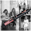A woman is using a professional ceramic hair curling iron for styling her hair.