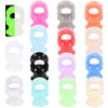 A collection of flexible silicone ear tunnels and plugs in various colors including green, white, pink, gray, orange, blue, r