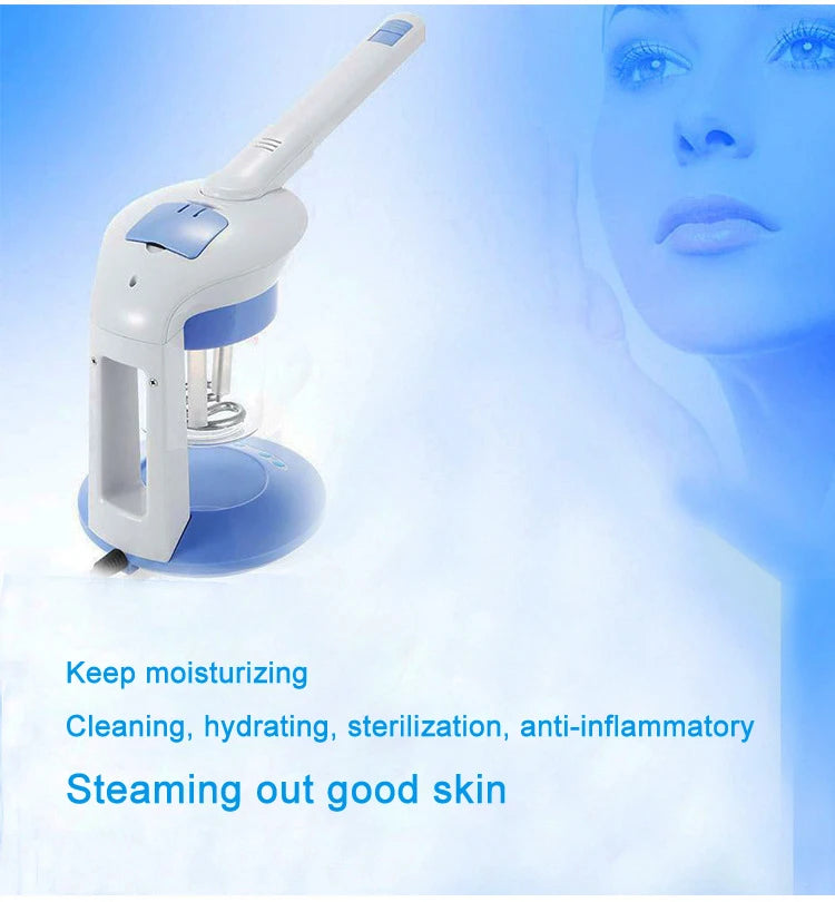 A white 2-in-1 facial and hair steamer device is shown against a light blue background with text describing its benefits.