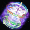 A futuristic electric shaver with glowing purple and green energy rings is shown against a dark background.