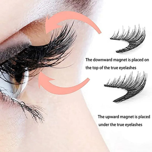 Demonstration of magnetic false eyelashes placement on the top and under the true eyelashes.