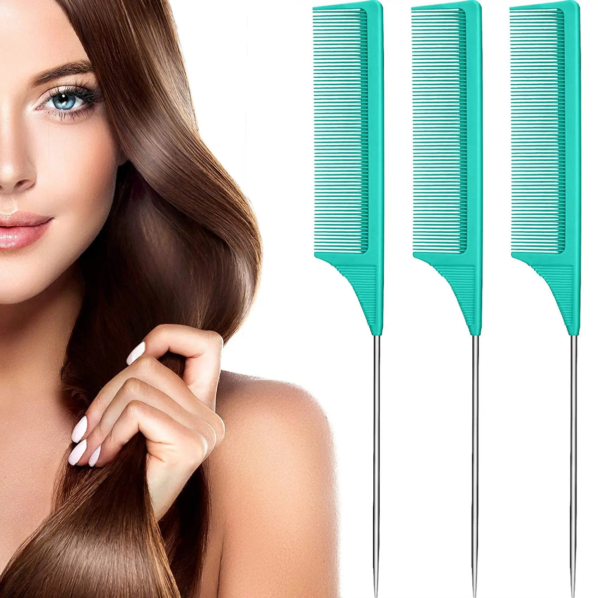 Ein Set aus drei teal-farbenen professionellen Rattenschwanz-Haarnadeln neben einer Frauens Haar.