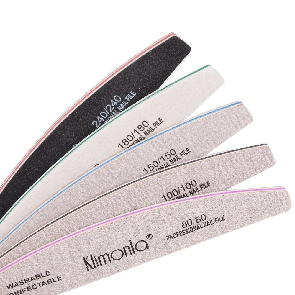 A set of professional nail files with various grits, including 240/180, 150/150, and 80/80.