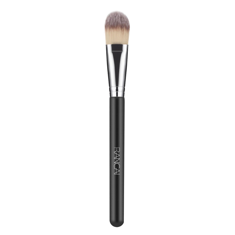 A black flat top kabuki foundation brush with a silver ferrule and natural hair bristles.