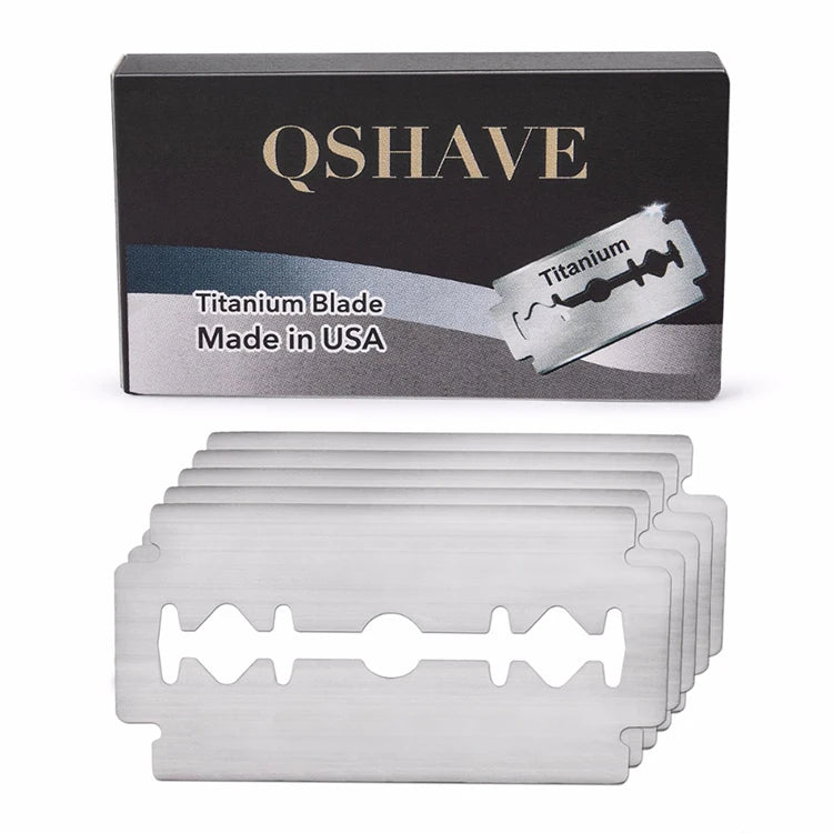 A set of double edge titanium safety razor blades packaged in a black box.