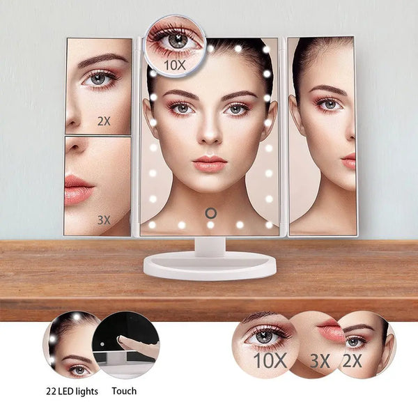 An LED vanity makeup mirror showing various magnification levels and a touch control feature.