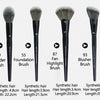 A set of four synthetic hair makeup brushes including a powder, foundation, fan, and blusher brush.