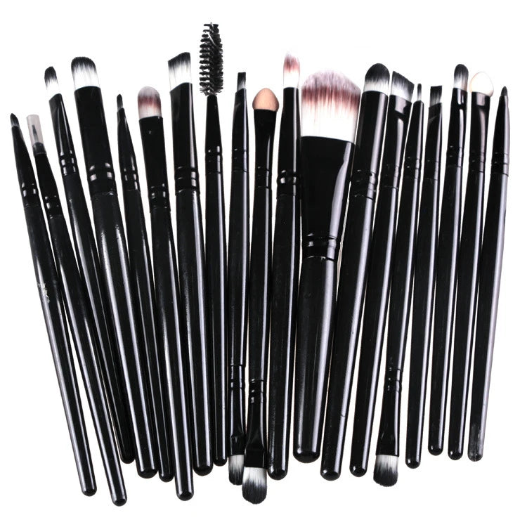 A collection of 20 professional makeup brushes with black handles and various hair types.