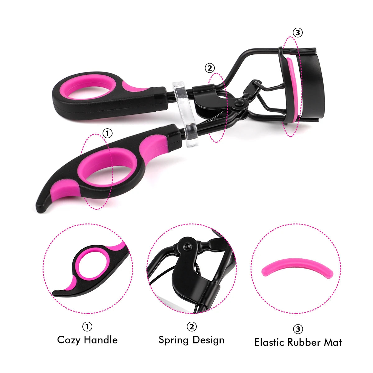 A professional eyelash curler with a pink handle, black frame, and elastic rubber pads shown in various views.