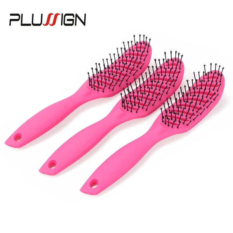 A set of three pink plastic hair styling combs with black teeth shown against a white background.