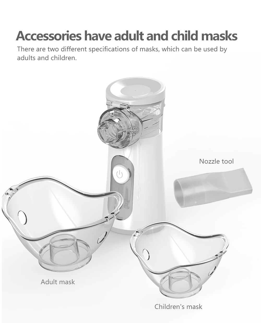 A white handheld mesh nebulizer with two silicone masks, one for adults and one for children, and a nozzle tool.