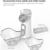 A white handheld mesh nebulizer with two silicone masks, one for adults and one for children, and a nozzle tool.