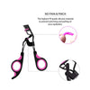 A black and pink professional eyelash curler with replacement pads shown in various angles.