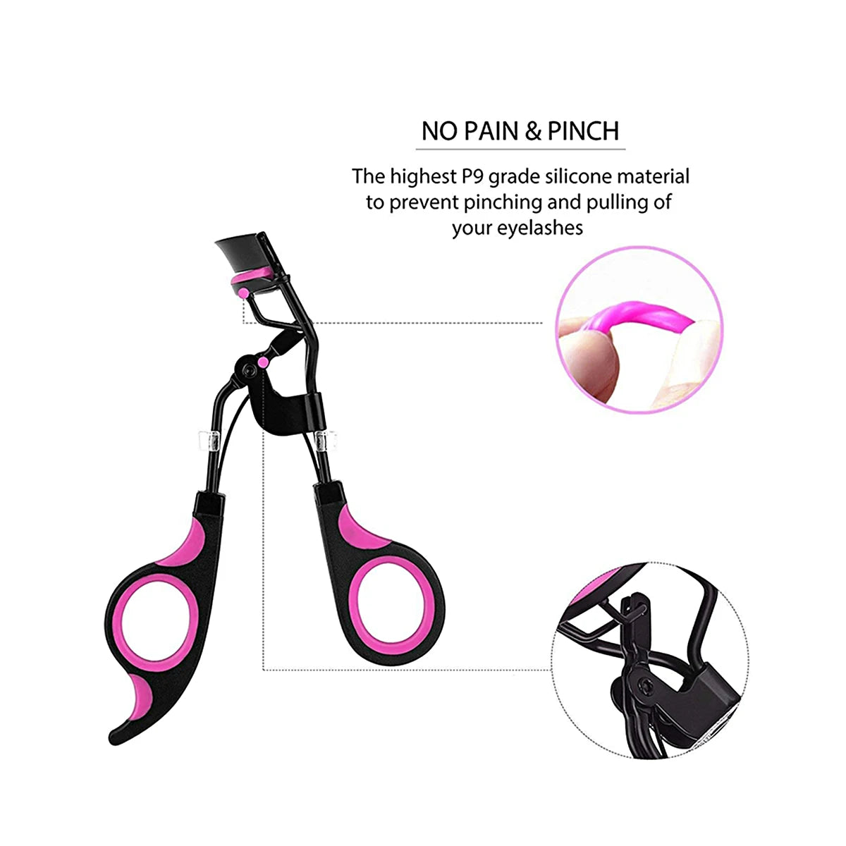 A black and pink professional eyelash curler with replacement pads shown in various angles.