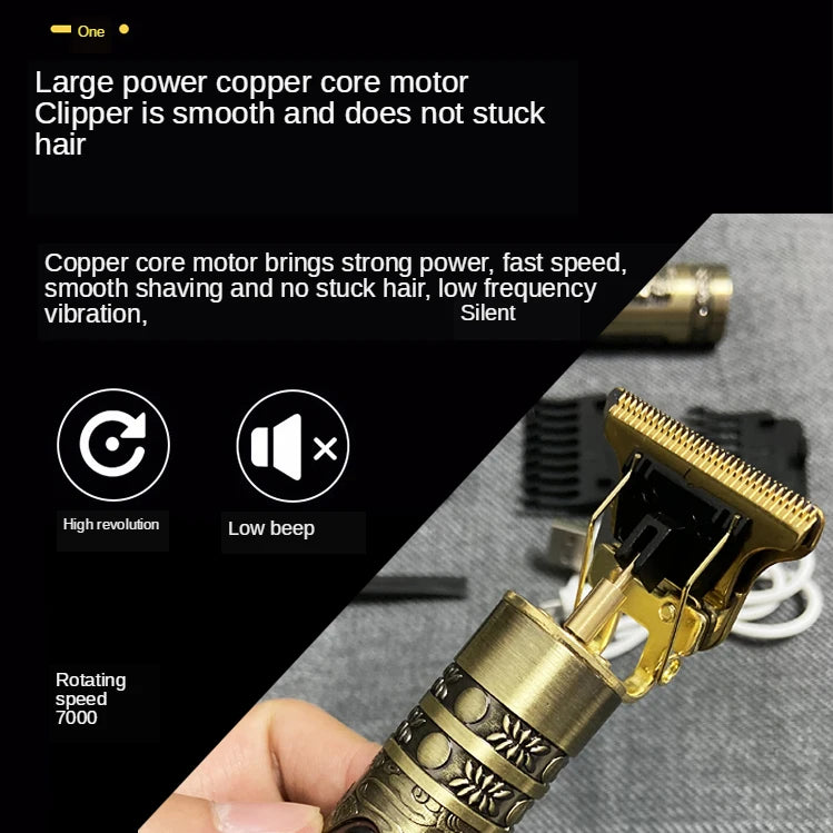 A close-up of a gold-colored electric hair clipper with a textured blade, held in a hand against a gray background.