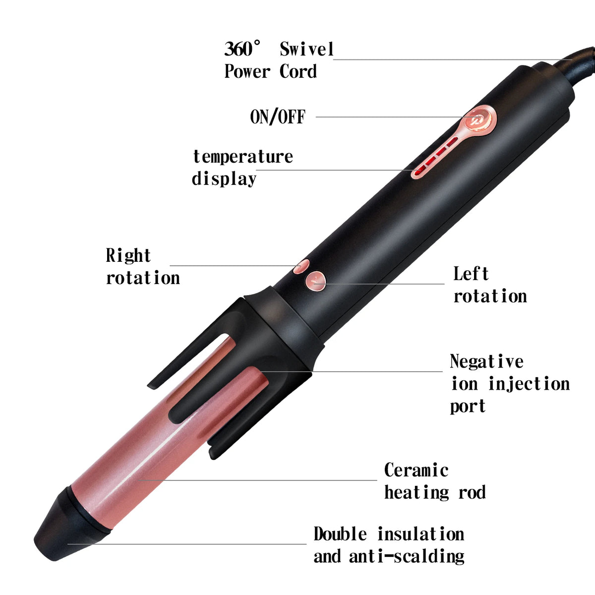 A black ceramic hair curling iron with a power cord, temperature display, and features for right/left rotation and negative i