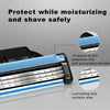 Close-up view of a razor showing 10 layers of skin protection fins and a lubricating strip containing aloe.
