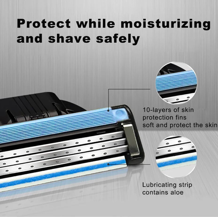 Close-up view of a razor showing 10 layers of skin protection fins and a lubricating strip containing aloe.