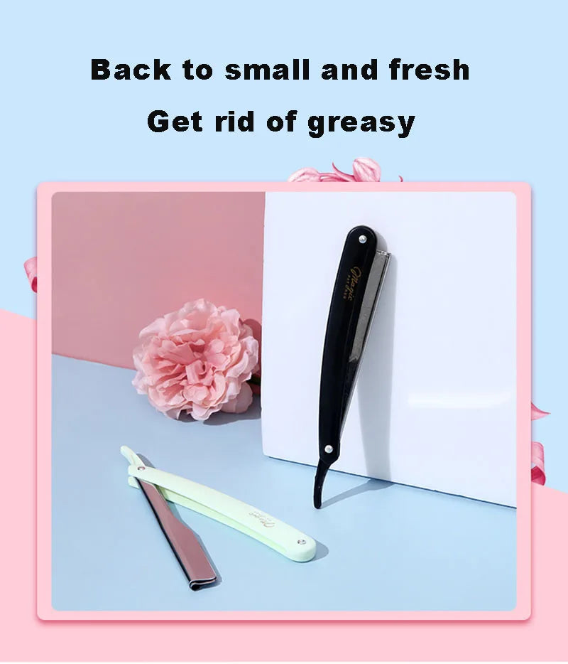 A pink and white product display featuring a black folding straight razor shaver and a light green folding razor.