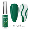 Botella de esmalte Venalisa Liner verde oscuro junto a dos uñas arregladas mostrando un remolino de verde oscuro y blanco