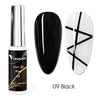 Un set de esmalte de uñas UV negro y blanco con un diseño geométrico en blanco y negro sobre una base transparente.