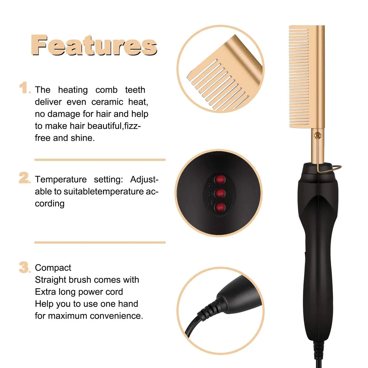 A black electric hair straightener with a gold-colored comb attachment and power cord shown with feature callouts.