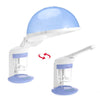 A white facial and hair steamer with a light blue dome, shown from the side.