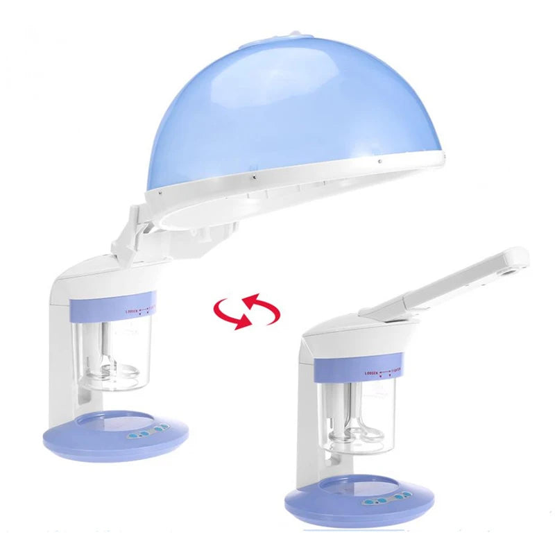 A white facial and hair steamer with a light blue dome, shown from the side.