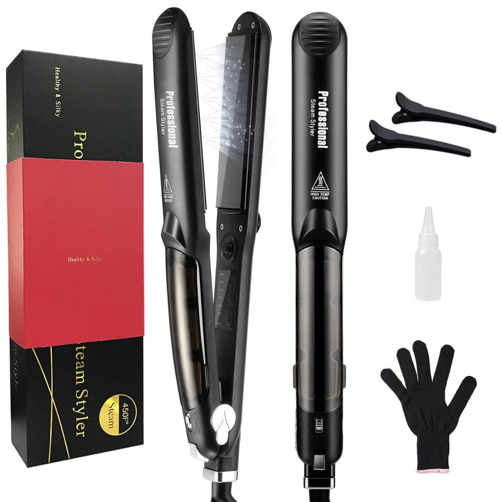 Un ensemble de lisseurs à vapeur pour cheveux en céramique, incluant un fer à lisser noir, un fer à friser et un gant noir