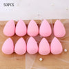 50 pieces of pink makeup sponge puffs arranged on a sheer mesh background