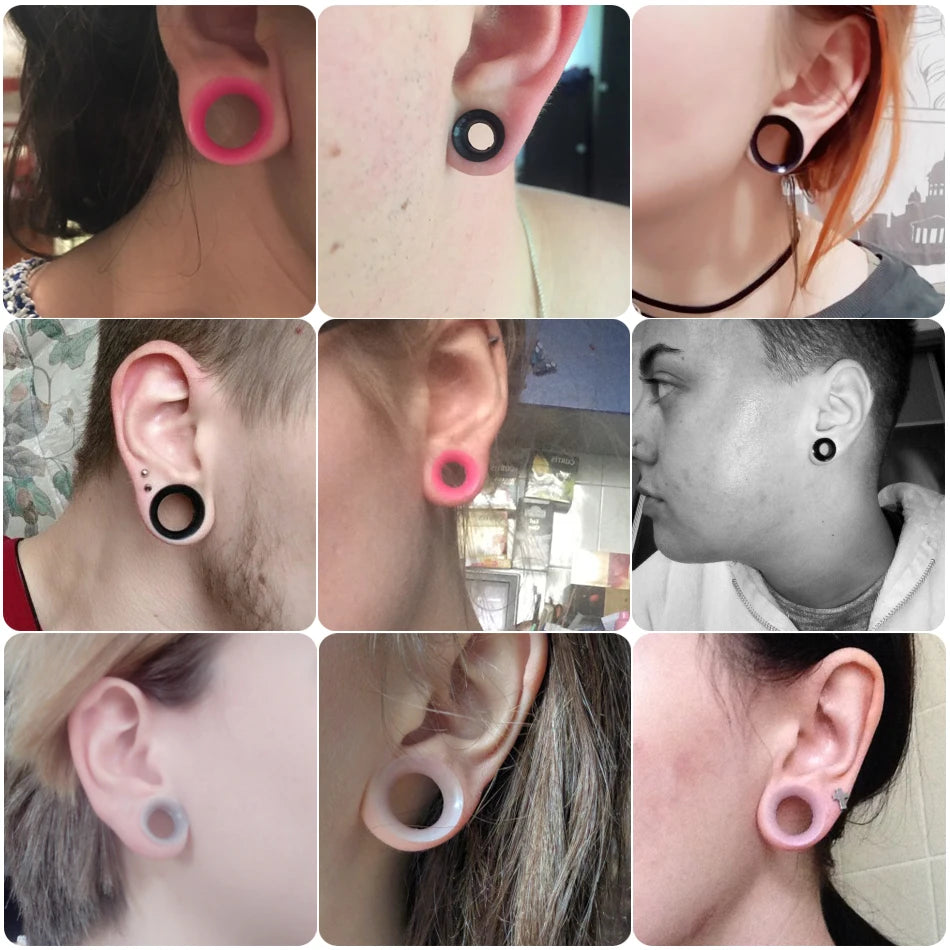 A collage showing various flexible silicone ear tunnels and plugs in different colors and sizes.