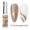 Una botella y dos clavos mostrando el tono 07 Champagne Gold de un kit profesional de esmalte en gel para uñas.