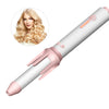 A professional ceramic hair curling iron in pink and white, shown next to a woman's face.