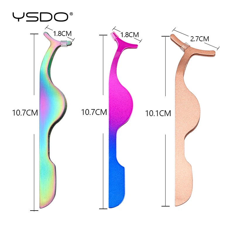 Stainless steel eyelash tweezers shown in various colors and angles with dimension markings.