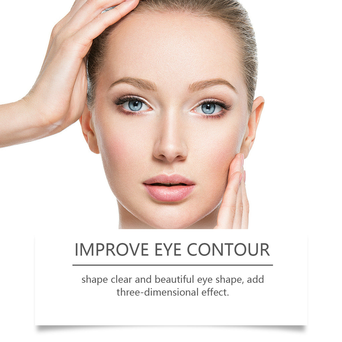 A woman's face showing the application of eye contour strips to improve eye shape and add a three-dimensional effect.