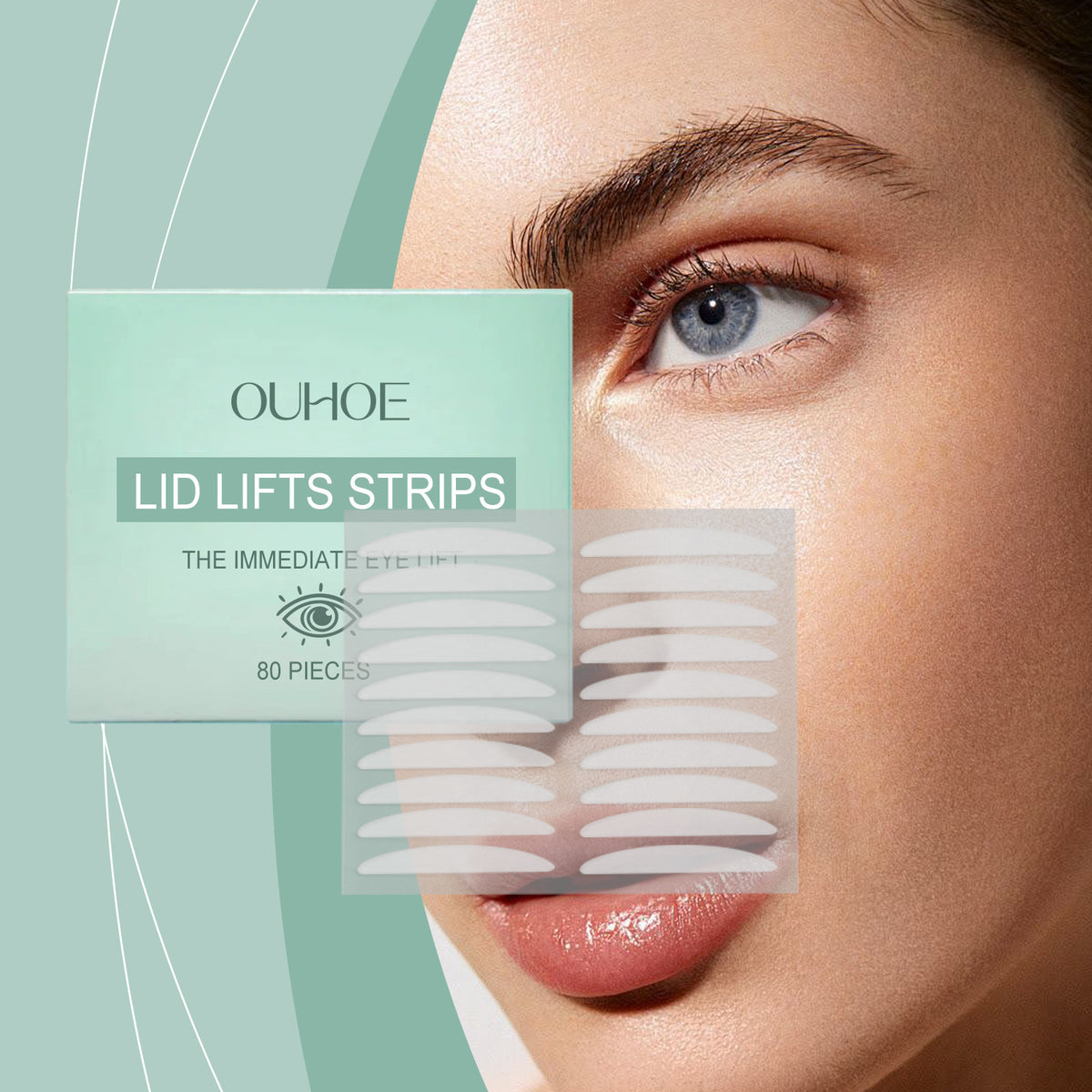 Close-up of an eye showing a cosmetic product called OUHOE Lid Lifts Strips for the immediate effect.