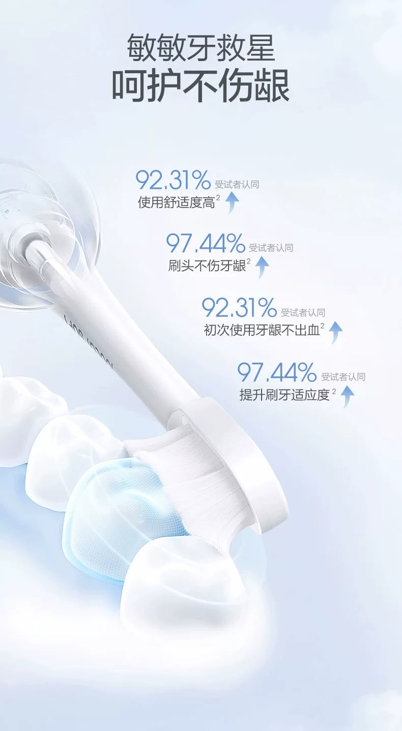 A close-up of white replacement brush heads for a sonic toothbrush, showing various sizes and a cleaning device.