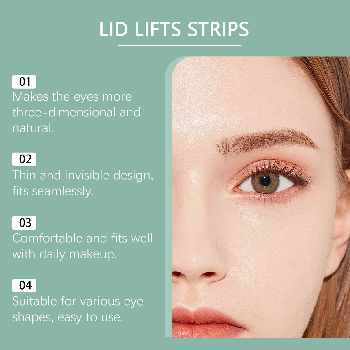 Close-up of an eye with lid lifts strips applied, showing a natural and seamless look on the eyelid.