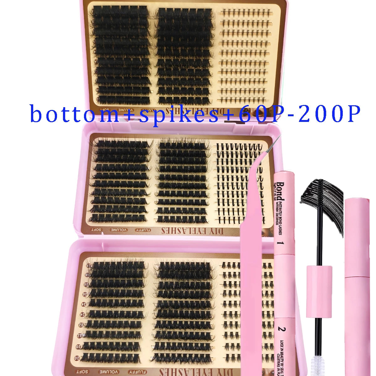 A pink DIY lash extension kit with black lashes and tools for salon use