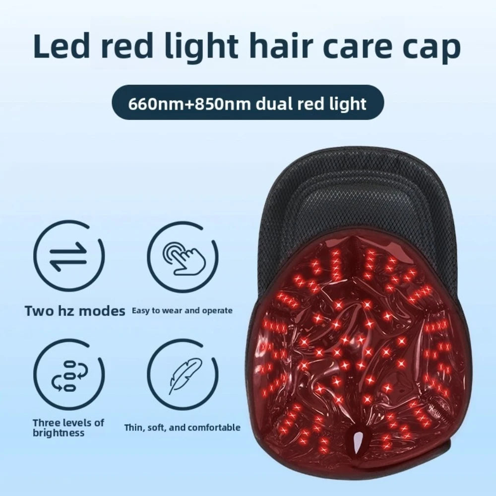 A red LED light hair care cap with dual 660nm and 850nm light modes.