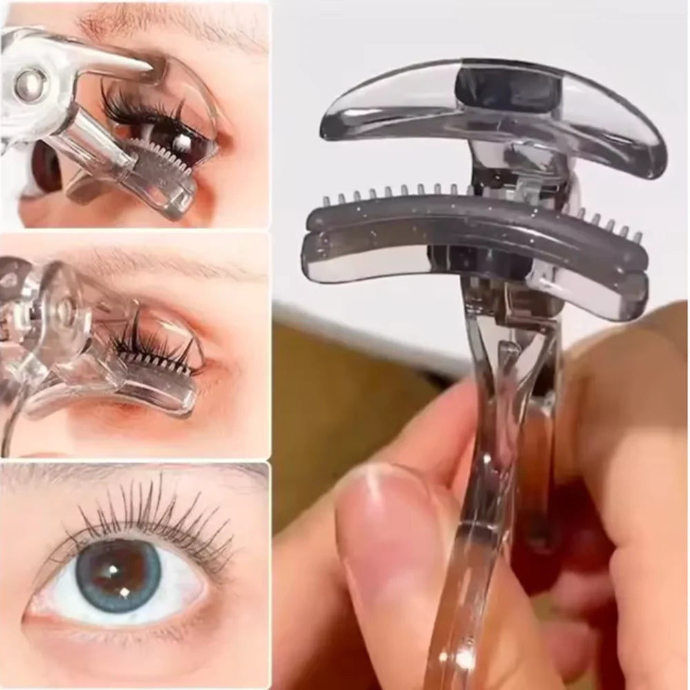 A close-up of a clear dual eyelash curler and comb set being used on an eye.