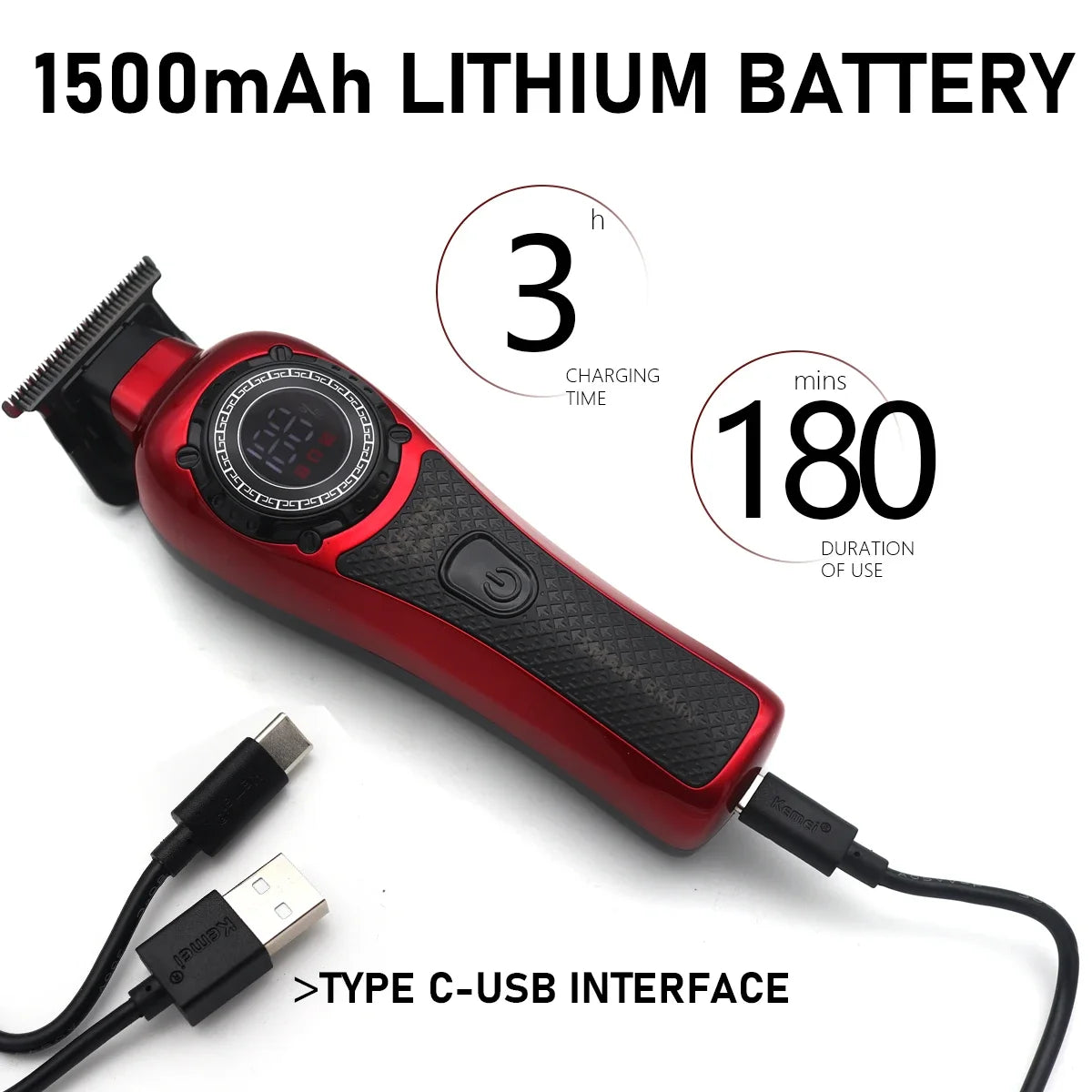 Rote Lithium-Akkupack und Kabel für einen professionellen elektrischen Haartrimmer, zeigt Ladezeiten von 3 Stunden