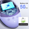 A purple silicone facial cleansing brush showing its internal battery and a battery life indicator of 50 days.