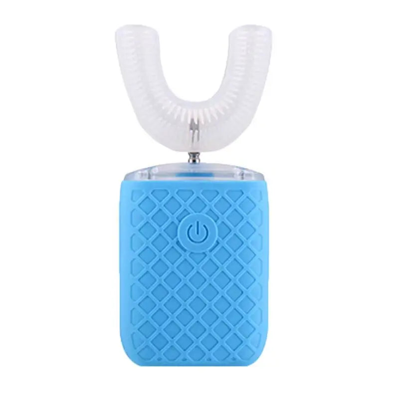 A blue automatic sonic electric toothbrush with a white silicone brush head.