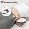A white ergonomic massager is shown being used on a person's waist area for pain relief.