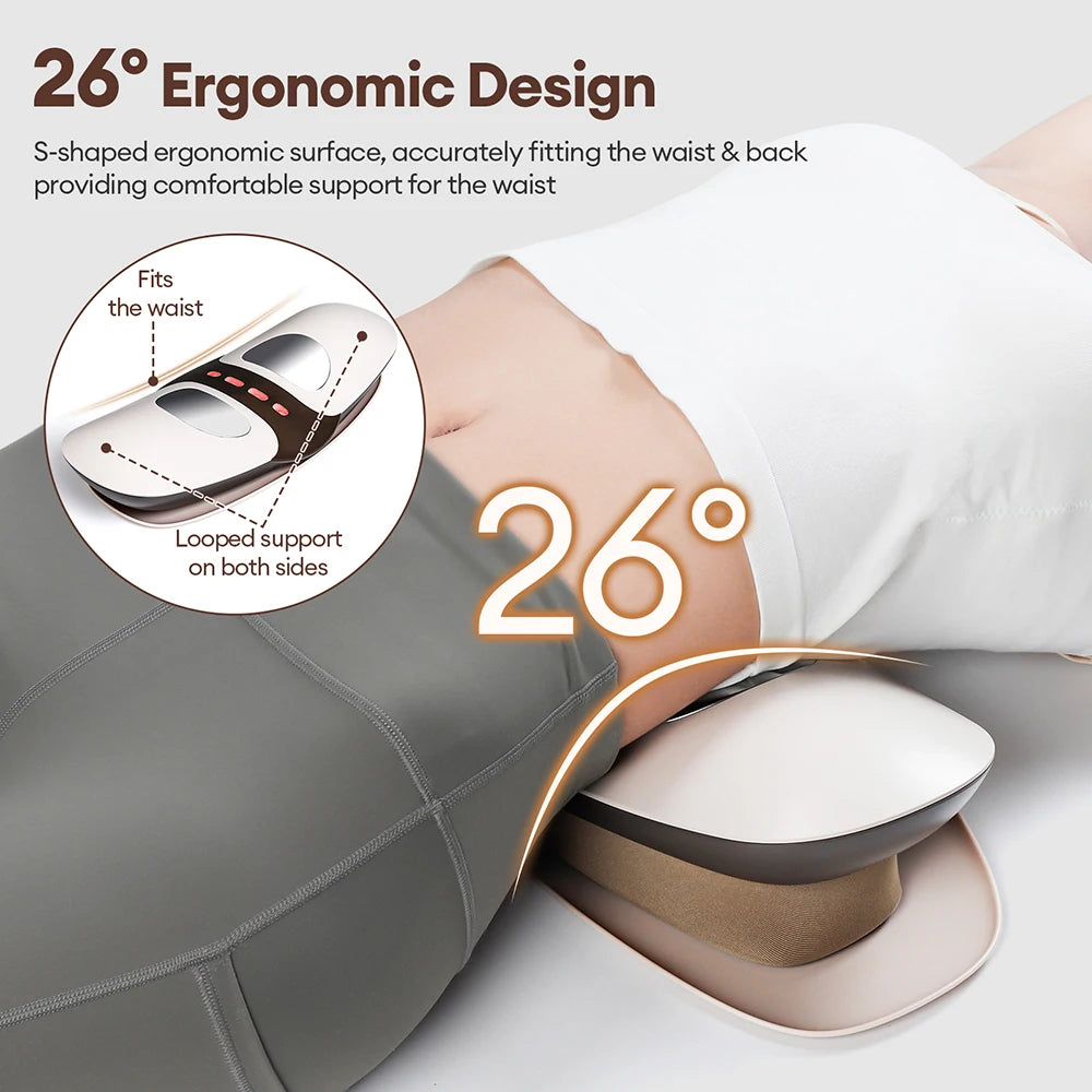 A white ergonomic massager is shown being used on a person's waist area for pain relief.