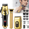 A gold and black 3-in-1 rechargeable barber kit showing various hair and beard trimming attachments.