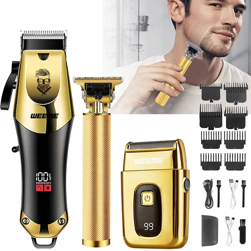 A gold and black 3-in-1 rechargeable barber kit showing various hair and beard trimming attachments.