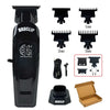 A black electric hair clipper with various attachments and a storage box.