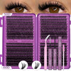 A purple DIY eyelash cluster kit with brushes and lashes shown on a model's eye.